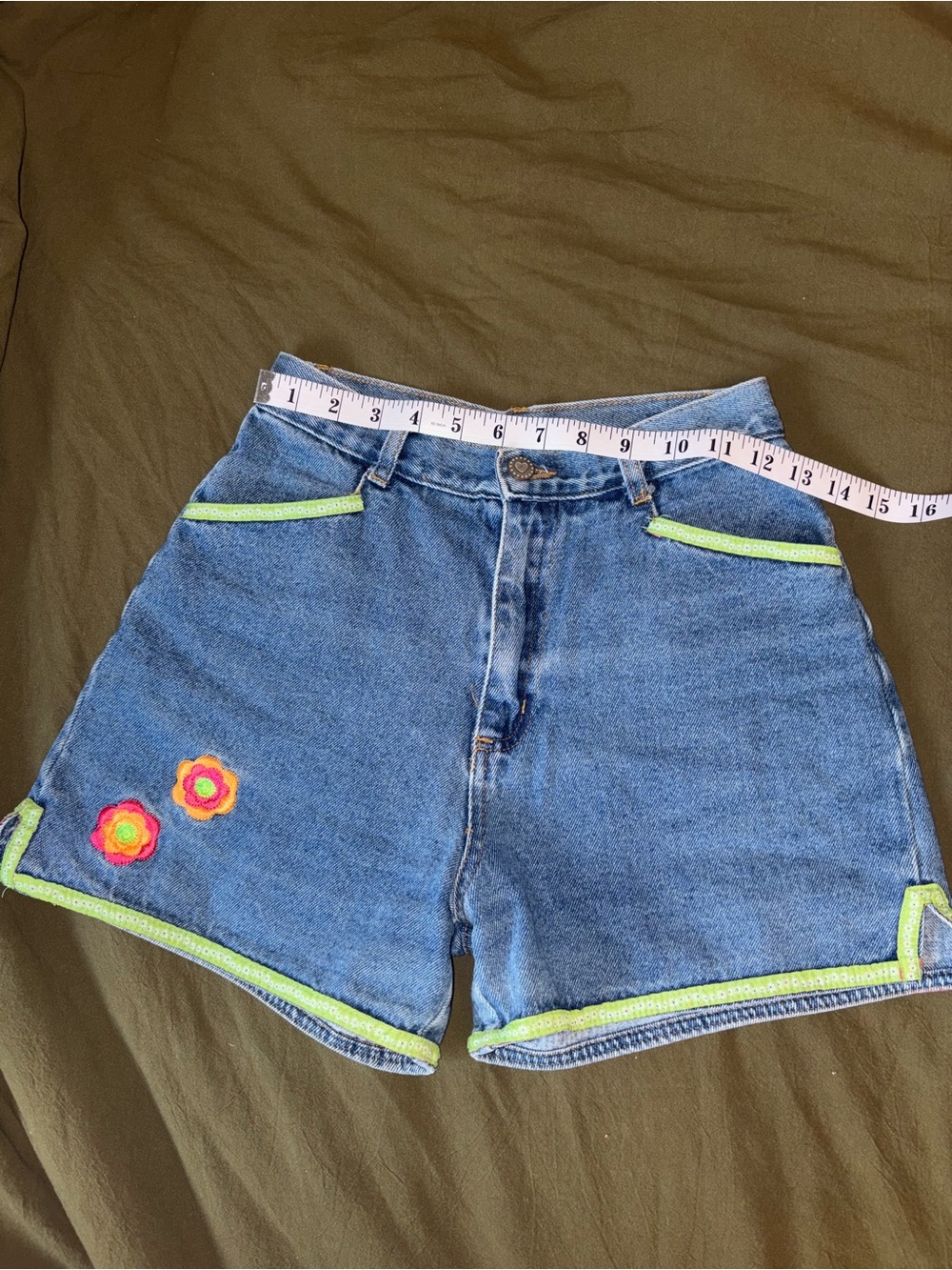 Vintage Denim High Waisted Women's Shorts with Lime Trim and Flower Detail